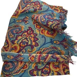 Peter Millar Silk Cashmere Paisley Scarf Blue Pink Fringe 27x72 Quiet Luxury